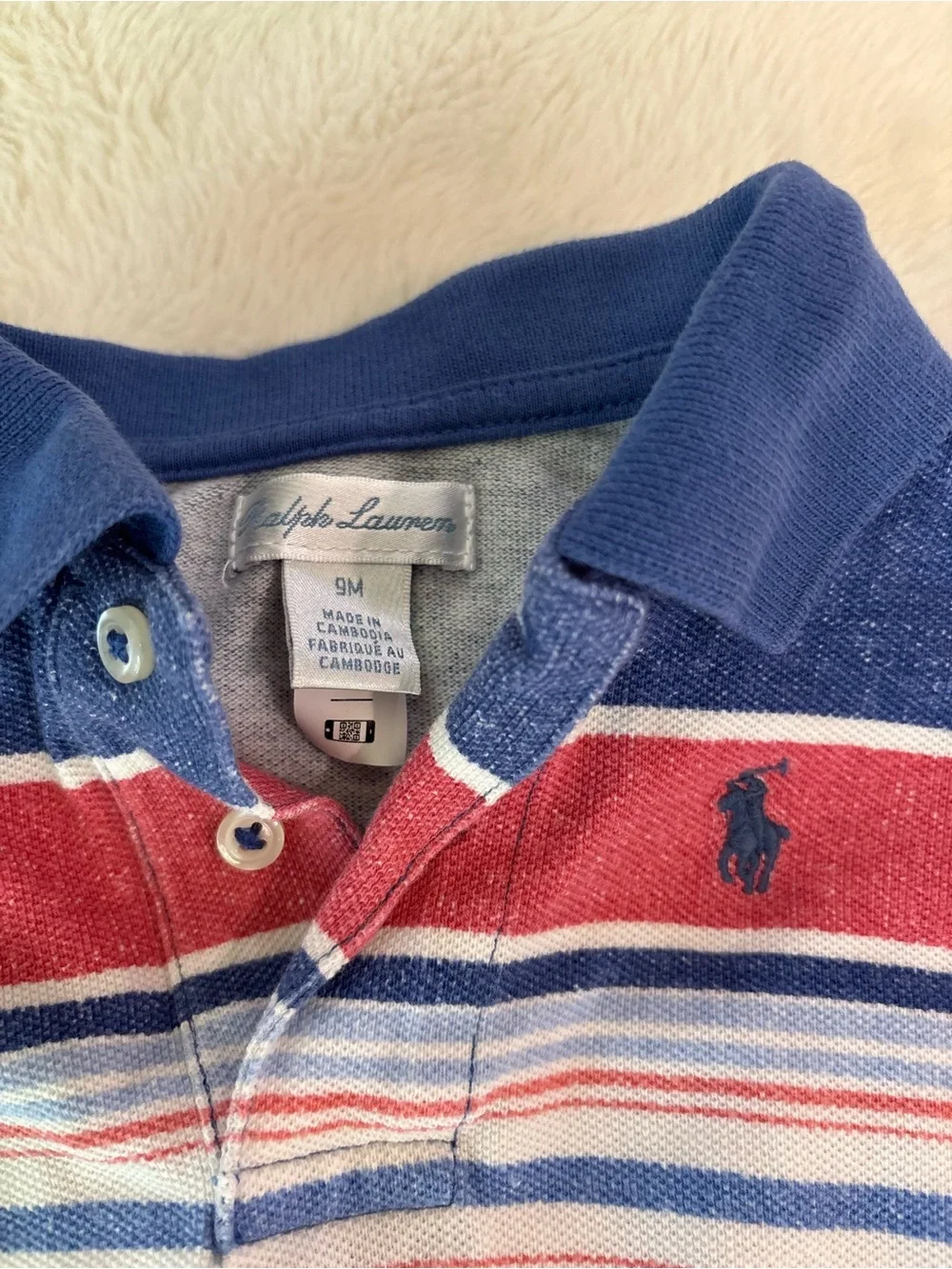 Ralph Lauren Striped Baby Polo Romper in Navy, Red & White 9 months